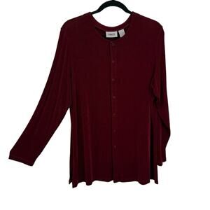 Chicos 3 Cardigan Size XL Snap Front Wine Slinky Knit Long Sleeves Travelers